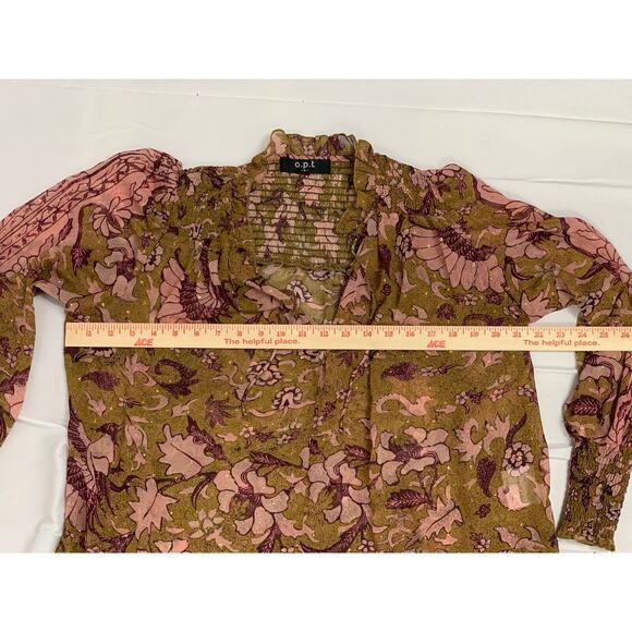 o.p.t One Pretty Time Smocked Tie Peasant Blouse Floral Metallic Threads size XS - Picture 11 of 15